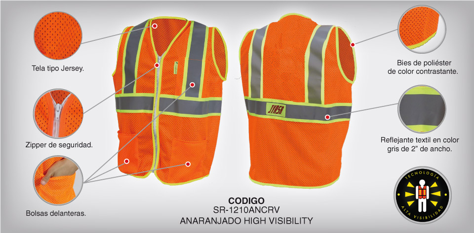CHALECO ANARANJADO TELA JERSEY DE ALTA VISIBILIDAD CON REFLEJANTE TEXTIL SR-1210ANCRV JYRSA