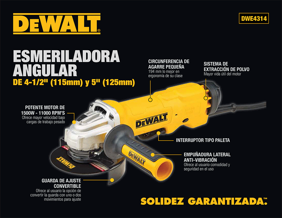 ESMERILADORA ANGULAR 4-1/2"/5" 1500W DWE4314B3 DEWALT