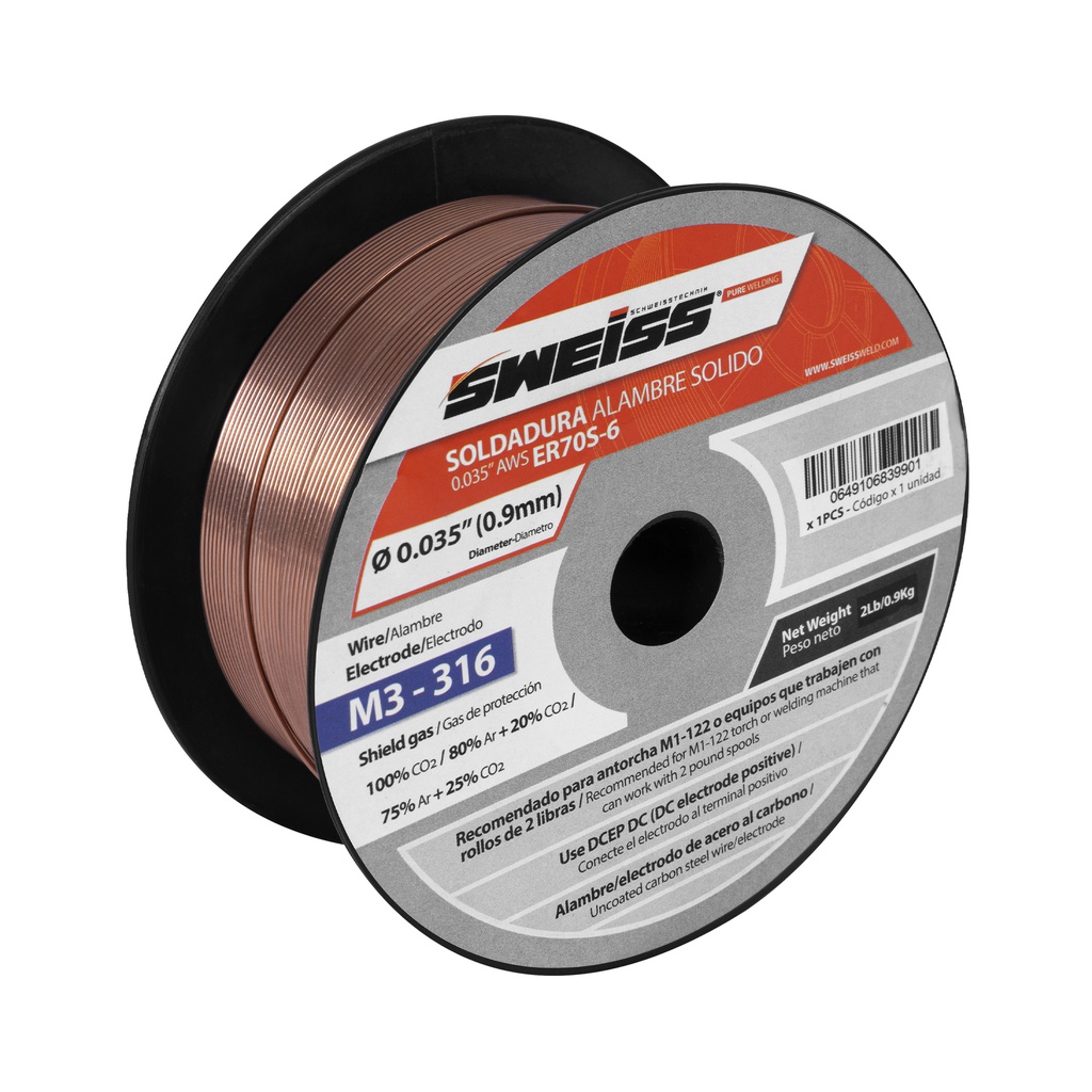 ROLLO SOLDADURA ALAMBRE MIG SOLIDO ER70S-6 ACERO AL CARBON 0.035" 0.9mm AWS (2 Lb) M3-316 SWEISS