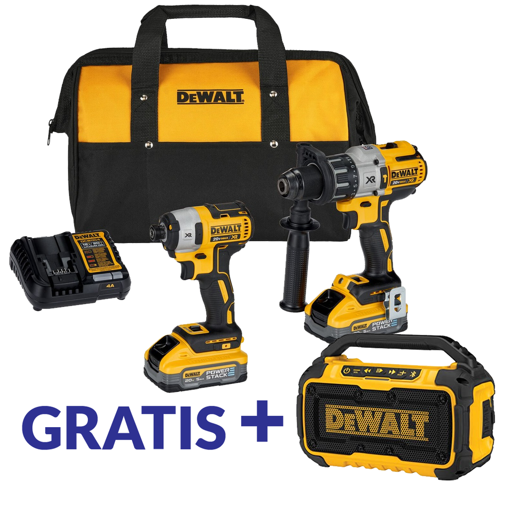 KIT TALADRO DCD996+ATORNILLADOR DCF887 POWERSTACK 20V 5.0 Ah DCK299H2+DCR010 DEWALT
