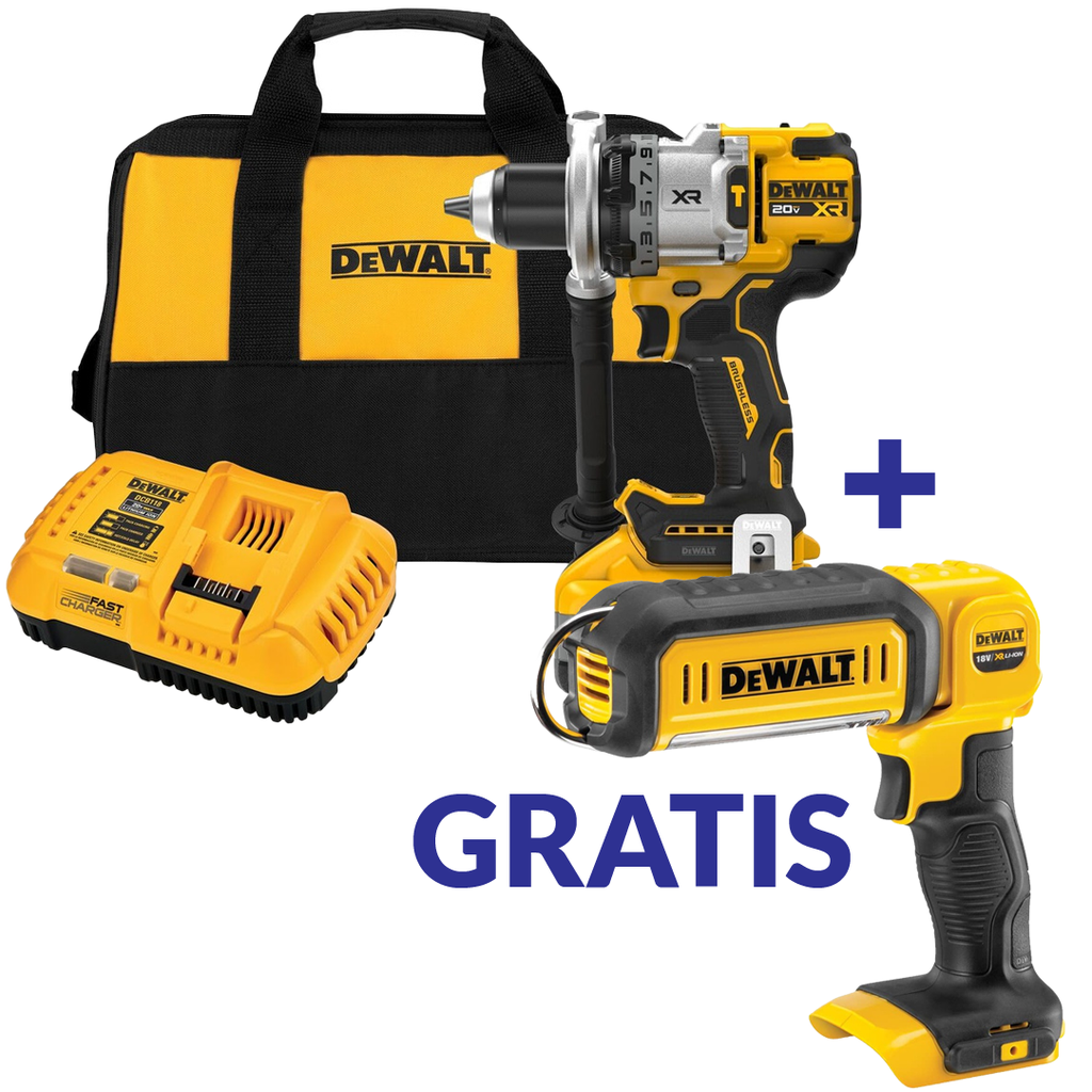 TALADRO PERCUTOR 1/2" 20V MAX 8Ah SIN CARBONES DCD1007WW1+DCL050 DEWALT