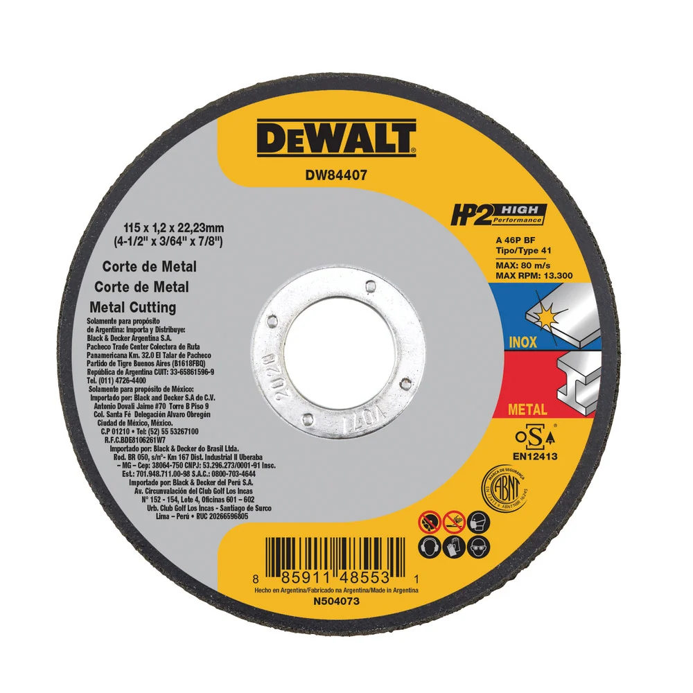 DISCO CORTE METAL PLANO 115X1.2X22.23MM 4-1/2" HP2 DW84407 DEWALT
